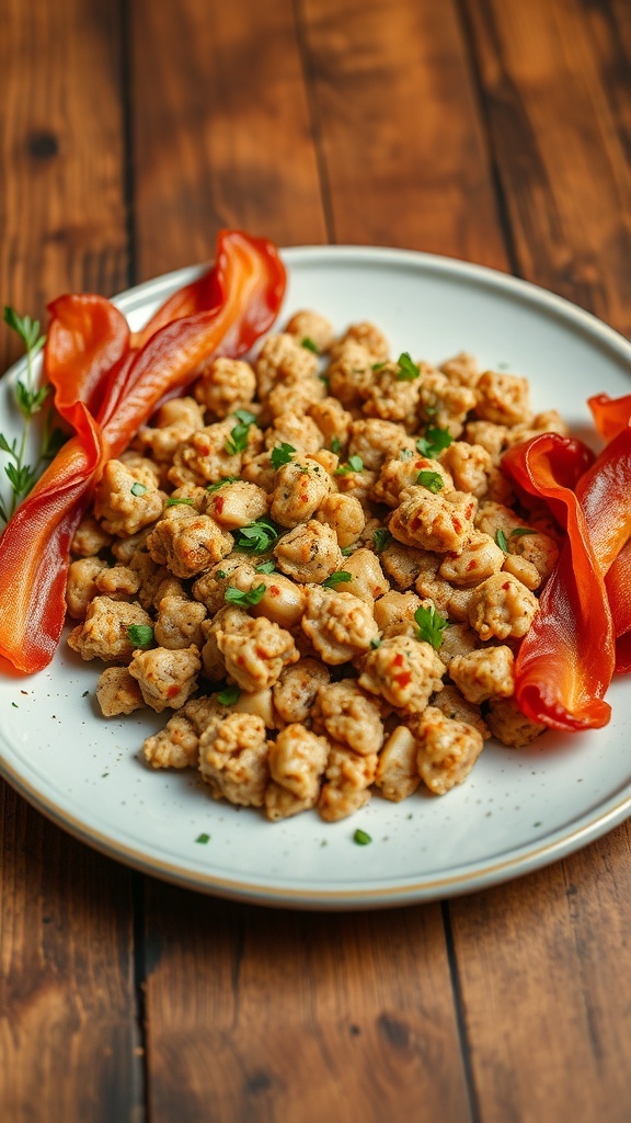 Savory Ground Chicken Carnivore Recipe A delicious serving of seasoned ground chicken on a plate, garnished with herbs and accompanied by crispy bacon.
